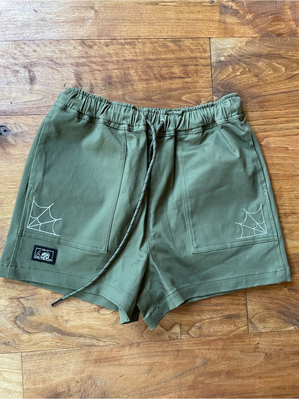 Lurking Class Olive Green Drawstring Pocket Shorts with Spider Web Details XS